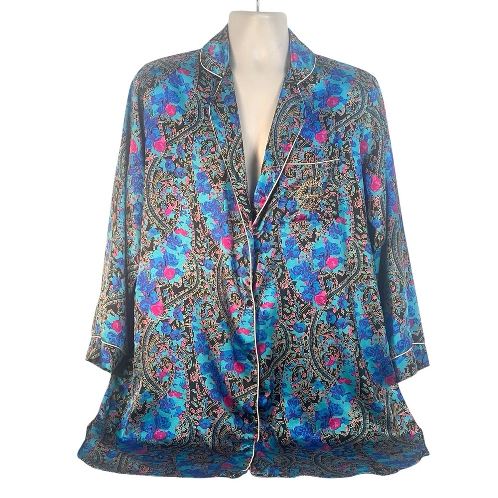 Vtg Adolfo Classics Satin Pajama Top Shirt top‎ embroidered logo sz L